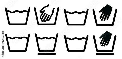 Photos Set of eight hand wash care symbols with water in containers in black and white