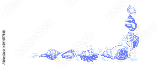 Seashell sketch crayon border. Summer travel marine corner isolate on transparent backdrop. Hand drawn vintage illustration for poster, italy banner, spain menu, surf club. Mediterranean element