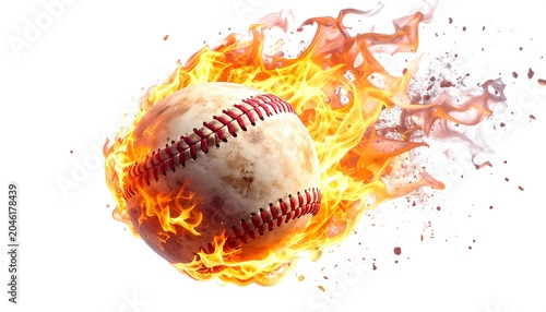 A baseball engulfed in vibrant orange and yellow flames