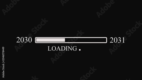 Black screen with white loading bar and years 2030 to 2031 progress