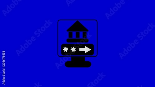Black silhouette of a computer monitor displaying a building and rating stars on a blue background