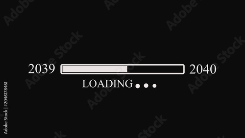 Black screen with white loading bar and years 2039 to 2040 progress