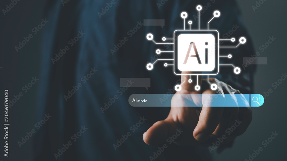 Naklejka premium AI search engine optimization concept featuring artificial intelligence interface, smart search mode, machine learning technology, digital automation, data analytics and next generation business.