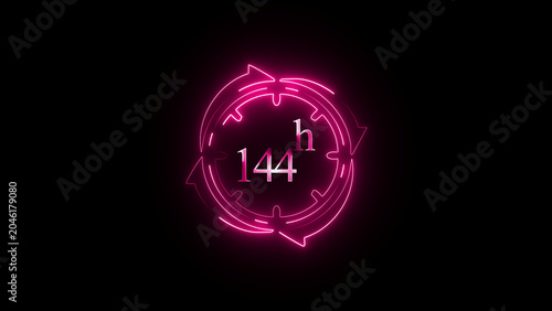 Neon pink 144h time cycle icon glowing on black background for countdown projects