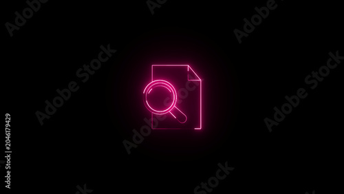 Neon pink document icon with magnifying glass representing file search and inspection on dark background