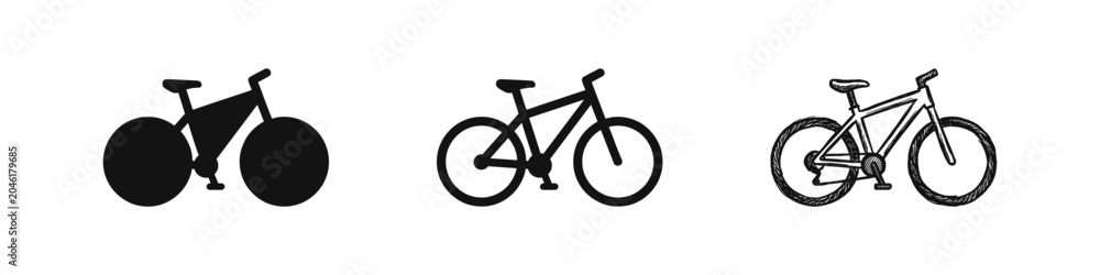 Fototapeta premium Bicycle bike icon set in flat, outline, and sketch styles