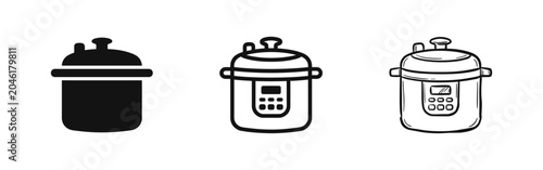 Photos Pressure cooker multicooker icon set in flat, outline, and sketch styles