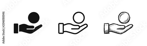 Bild auf Leinwand Hand Holding Coin Money Icon Set in Solid, Outline and Hand-Drawn Sketch Styles