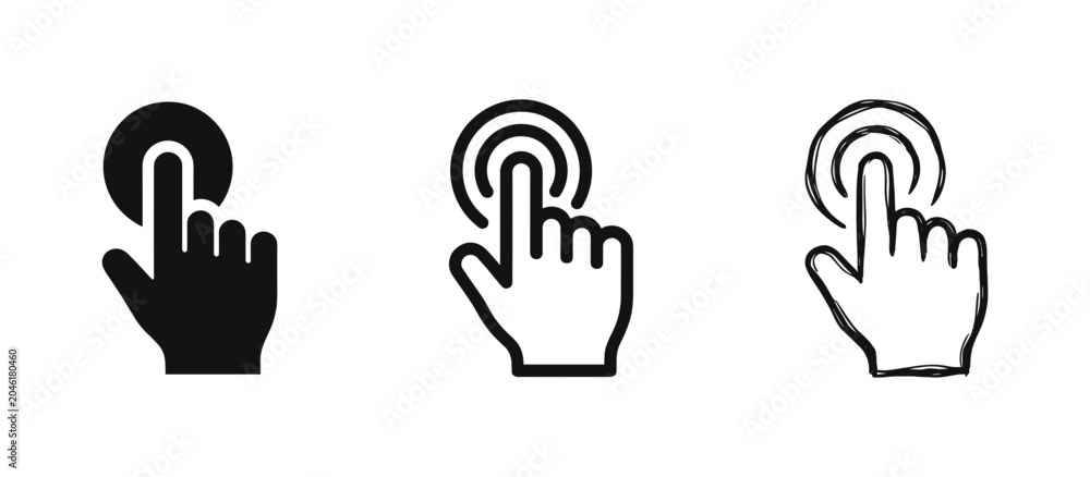 Fototapeta premium Hand Clicking Button Touch Gesture Icon Set in Flat, Outline and Hand-Drawn Styles