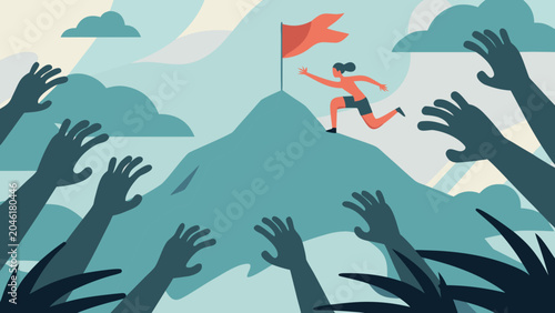 Foto A vector illustration depicting a runner reaching a mountaintop with a red flag