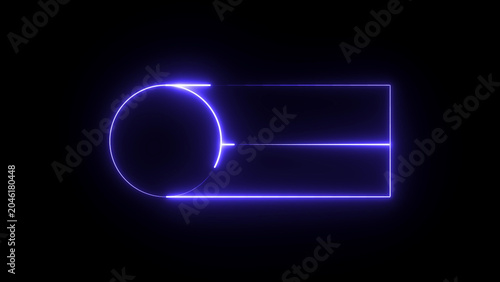 A glowing blue neon light abstract geometric shape with a circle and rectangle on black background