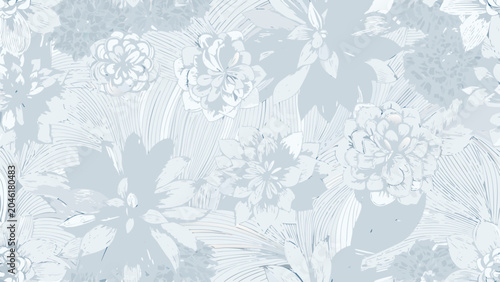 Slika na platnu Delicate dahlia floral ornament a seamless vector pattern with light blue monoch