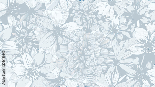 Photography Delicate dahlia floral ornament a repeating vector pattern in pale blue and whit