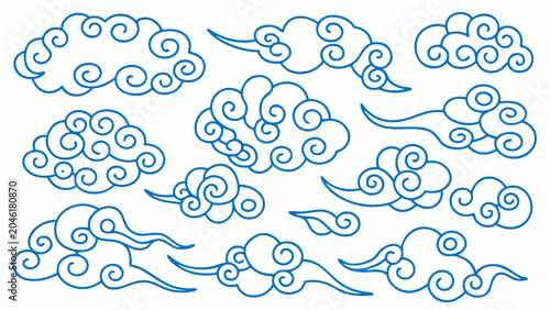 Canvastavla Collection of stylized blue cloud shapes on a white background a decorative vect