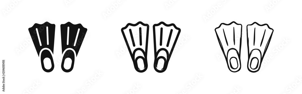 Fototapeta premium Swimming Flippers Diving Fins Icon Set in Three Styles: Solid, Outline, and Hand-Drawn Sketch Vector