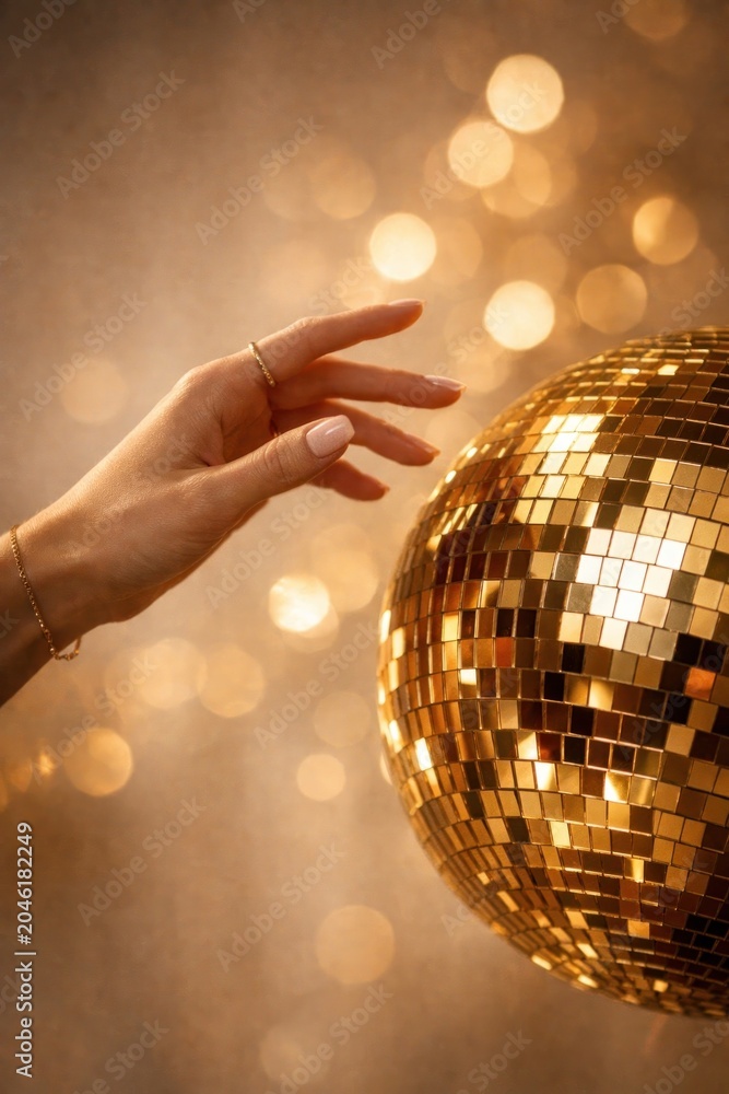 Obraz premium Elegant hand touches golden disco ball.