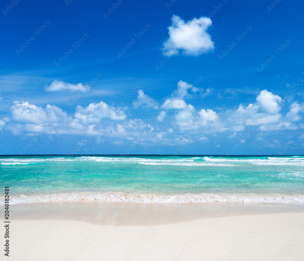 Obraz premium Sea and blue sky. Blue sea water and sky with white fluffy clouds. Horizontal background of blue sea. Tropical landscape