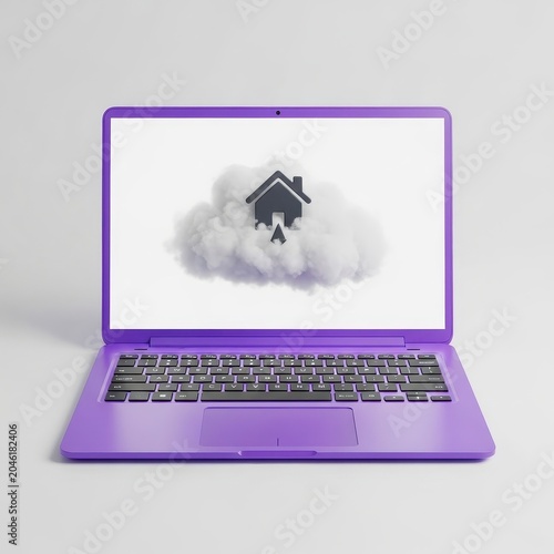 Purple laptop with house on cloud computing concept