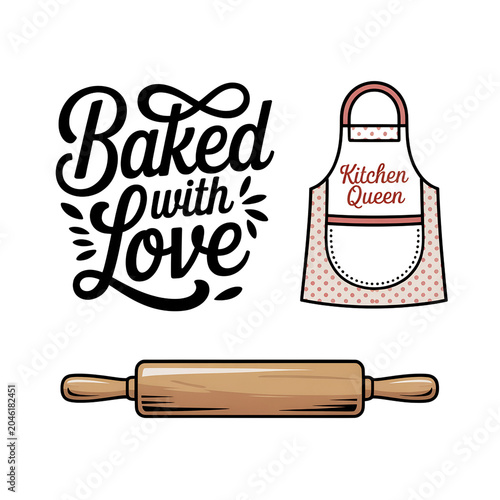 Tableau sur toile Baked with love kitchen queen apron and rolling pin isolated on transparent back