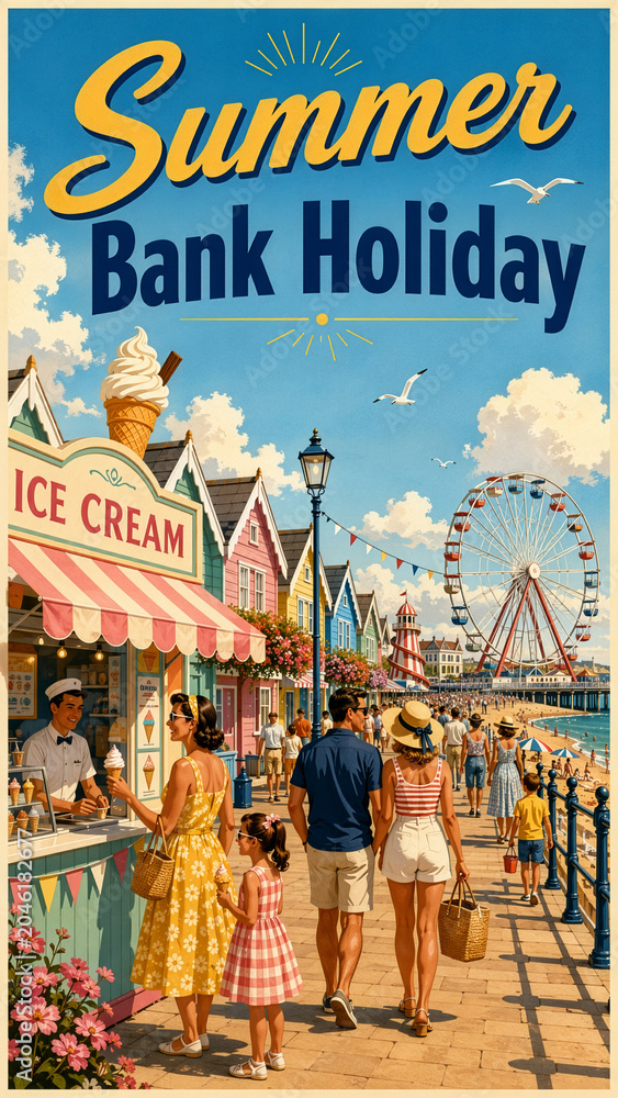 Obraz premium Vintage Style Summer Bank Holiday Seaside Poster With Ice Cream Stand