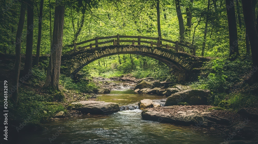 Fototapeta premium Serene forest bridge over stream with sunlight filtering through trees