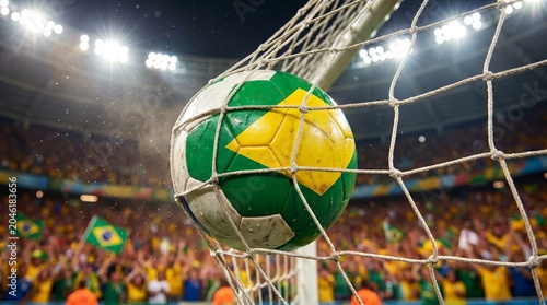 Brazil soccer ball in goal net during match