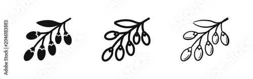 Fotografia Goji berry or sea buckthorn branch icons in solid, linear and hand-drawn version