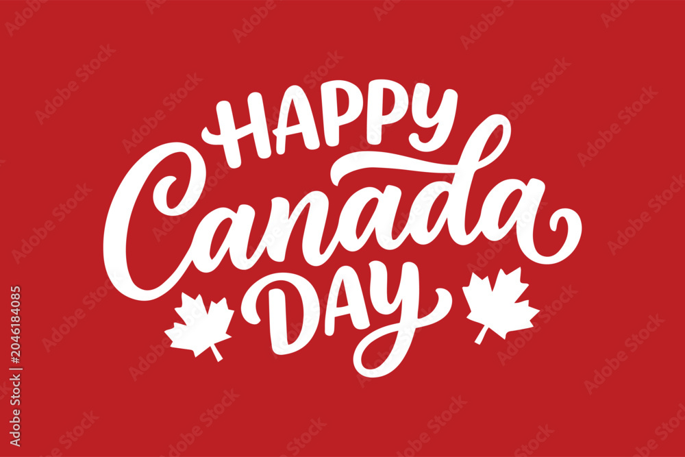 Fototapeta premium Happy Canada Day hand lettering text typography vector illustration with maple leaves on red background.