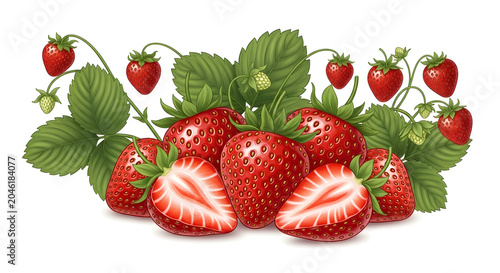 Fresh strawberries with green leaves and some sliced open
