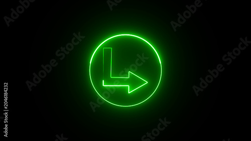 Green neon arrow inside circle on black background, abstract glowing symbol for direction or progress