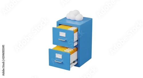Blue two drawer file cabinet with yellow folders