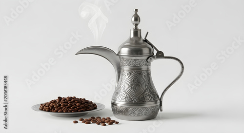 Traditional metal dahlia coffee pot with spices on plate
