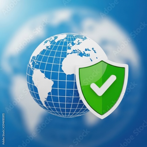 Green shield protecting blue earth globe with checkmark