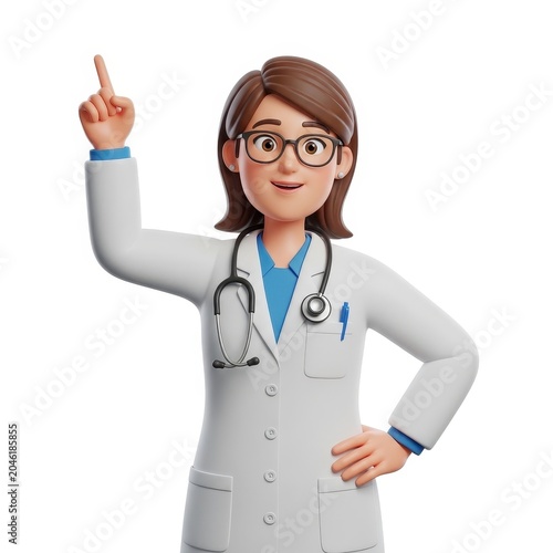 Female doctor cartoon character pointing up with glasses