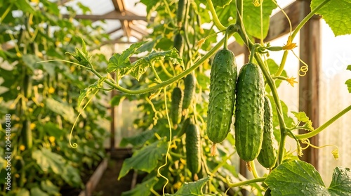Cucumbers Hanging From Vine A Lush Green Garden Scene With Developing Produce cucumber gherkin plant