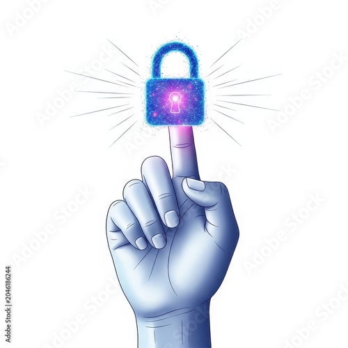 Hand touching secure lock with glowing effect