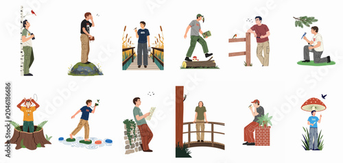Foto Collection of illustrations featuring a male birdwatcher and nature enthusiast engaging in diverse outdoor activities like hiking, mapping, and wildlife photography in the forest
