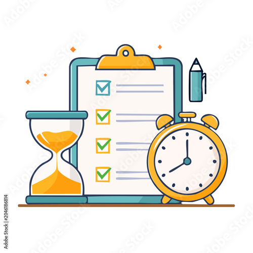 Checklist, alarm clock and hourglass for time management concept