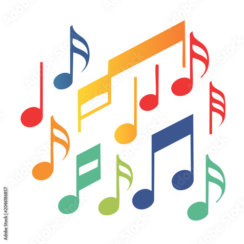 Colorful music notes scattered on white background