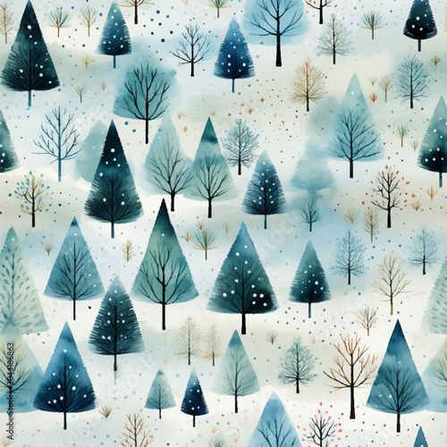 A winter wonderland filled with beautifully painted trees, showcasing shades of blue and white, invoking a calm and serene feeling, seamless watercolor vector pattern