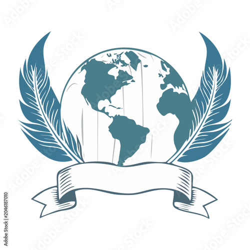 Globe with Feathers and Banner Illustration