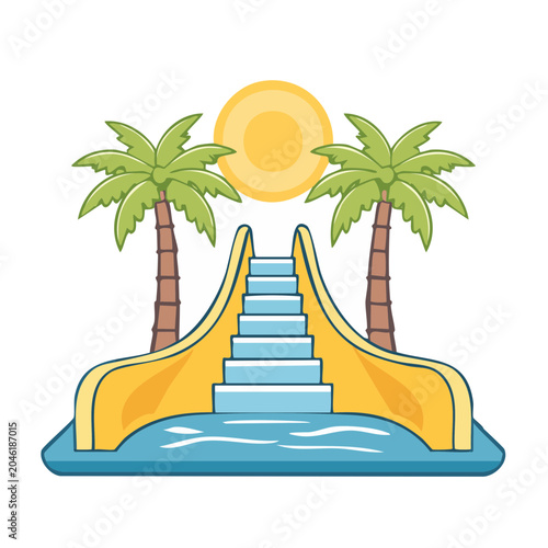 Flat design water slide with palm trees and sun