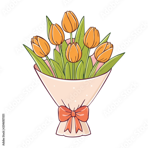 Illustration of an orange tulip bouquet with a bow