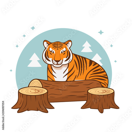 Illustration of a tiger sitting on a log with tree stumps