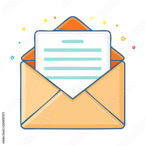 Open envelope with letter and confetti, flat design icon