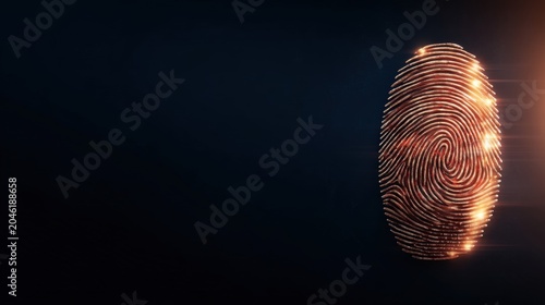 A glowing, digital fingerprint illuminated against a dark background, symbolizing identity, security, and technology.