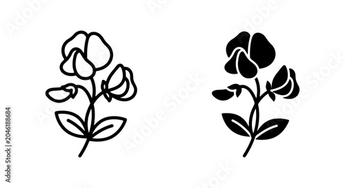 Fotografi Sweet Pea Flower Icons, Outline and Silhouette Vector Graphics, Botanical Illust
