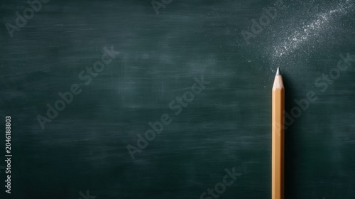 A sharpened yellow pencil rests vertically against a dark, blank chalkboard background.