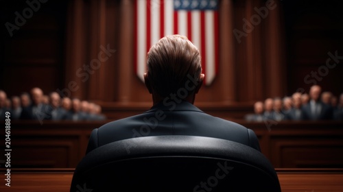 A person sits facing a courtroom audience with a large American flag in the background, suggesting a legal or governmental setting.