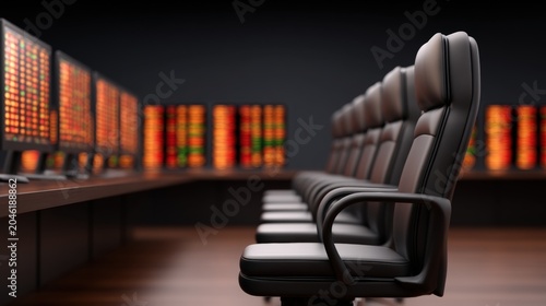 A row of black leather office chairs faces multiple large screens displaying colorful financial data in a modern trading room.